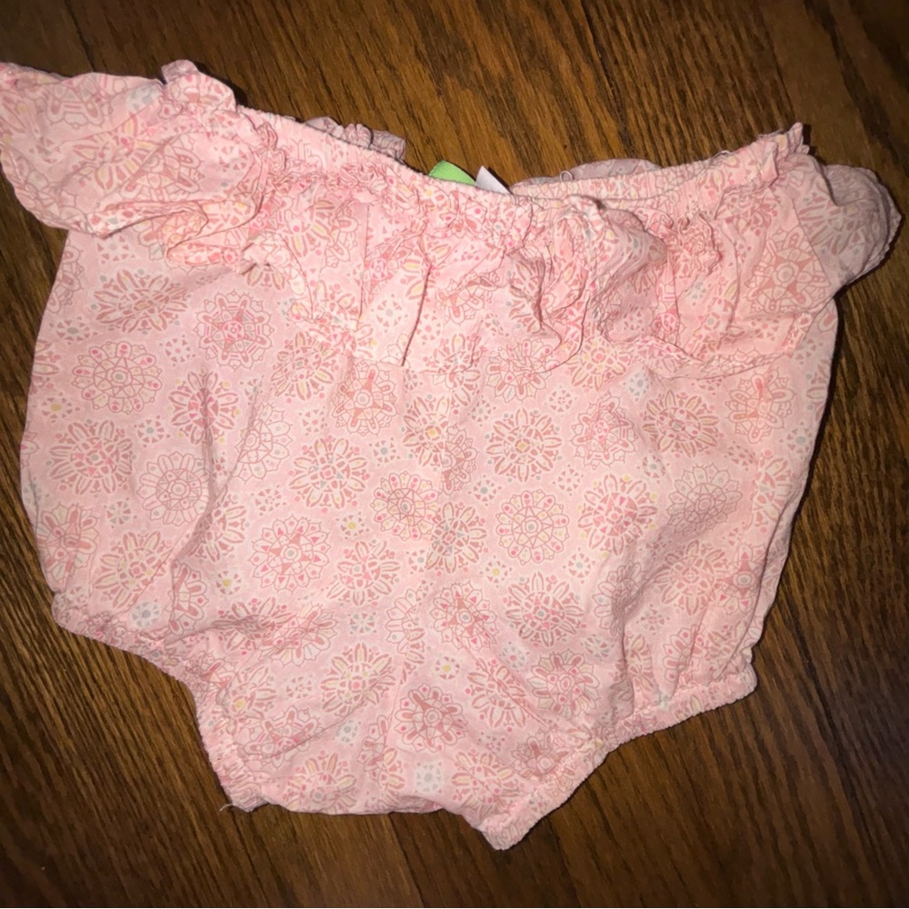Alice Kathleen ruffled Bloomer pastel pink print Swiss lawn fabric 12 month
